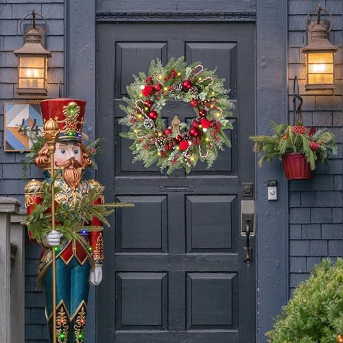 22’’ Artificial Christmas Wreath for Front Door with Red Balls Candy Canes Pine Needles Red Berries Pine Cones Christmas Decorations for Winter Wall Outdoor Home Holiday Xmas Decor - Image 5