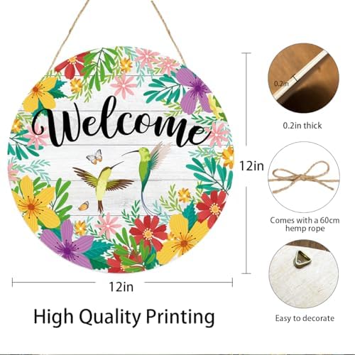 Welcome Spring Sign for Front Door, Seasonal Hanging Decorations, Welcome Hanging Sign with Hummingbirds for Farmhouse Home Front Door Porch - Image 2