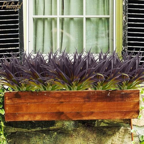 6Pcs Artificial Grass Fake Grass Plants 17.3in Outdoor Plants UV Resistant Faux Greenery Stems for Home Window Garden Office Patio Pathway Front Porch Halloween Décor Light Green & Purple - Image 3