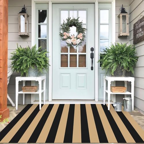 IOHOUZE 4x6 Striped Outdoor Rug, Washable Front Porch Doormat, Black/Tan by iOhouze