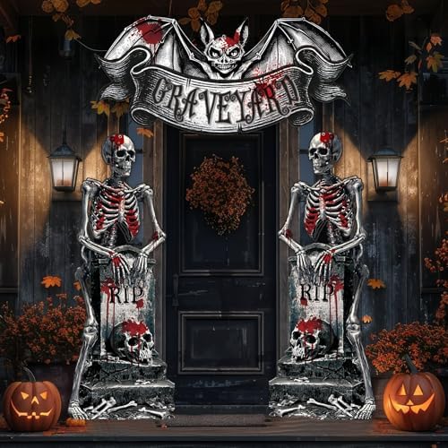 Tiamon Halloween Cemetery Door Decorations Skeleton Tombstones Door Banner by Tiamon