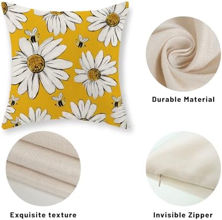 Summer Pillow Covers 16x16 Inch Set of 2 Floral Bee Sunflowers Yellow Throw Pillows Spring Outdoor Decorative Pillow Cases Linen Farmhouse Seasonal Cushion Covers Decor for Living Room Couch - Image 7