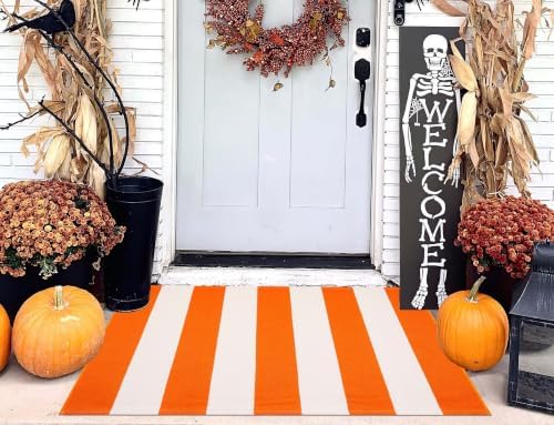 Fall Front Door Mat Outdoor 24"x35",Orange White Striped Layered Doormat - Image 6