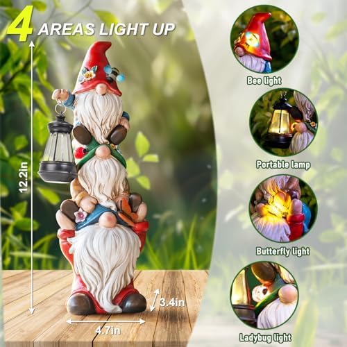 twinbling 12 in Garden Gnome Statue with Solar Lights Birthday Gift for Mom Woman Grandma Garden Sculptures Funny Triple Gnome Outdoor Patio Lawn Yard Balcony Home Decor - Image 4