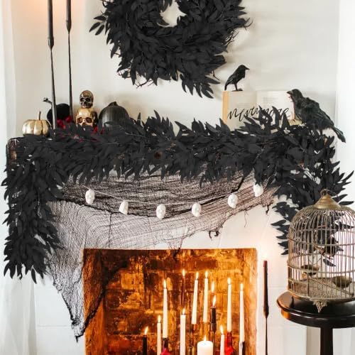 RECUTMS 2Pcs Fake Willow Leave Vine 6Ft Full Black Silk Halloween Garland - Image 2