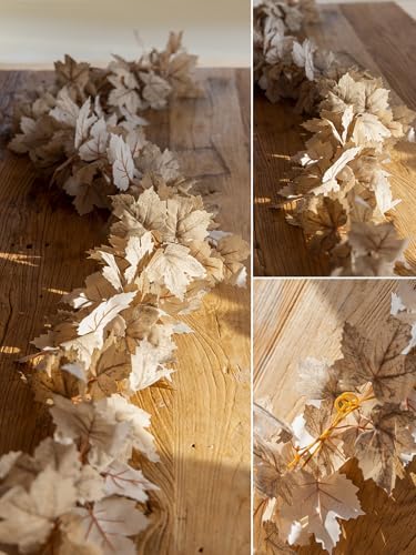 6PCS Beige Fall Maple Leaves Garland, 5.6Ft Artificial Maple Leaf Autumn Garland Hanging Fall Vines Table Decorations Front Door Fall Decor Thanksgiving Decorations Decor Outside Indoor Decor - Image 3