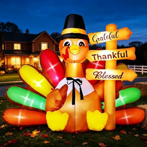6FT Thanksgiving Inflatables Turkey, Fall Blow up Colorful Tail Turkey with Grateful Thankful Blessed Sign, Decorations Outdoor Built-in LED Lights Yard Autumn Harvest - Image 3
