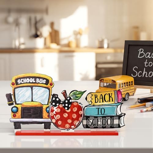 Smile Back to School Wooden Table Decor Book Stack, Polka Dot Apple, School Bus Desktop Signs - Classroom & Home Office Tabletop Decorations School Gift for Students, Teachers - Image 3