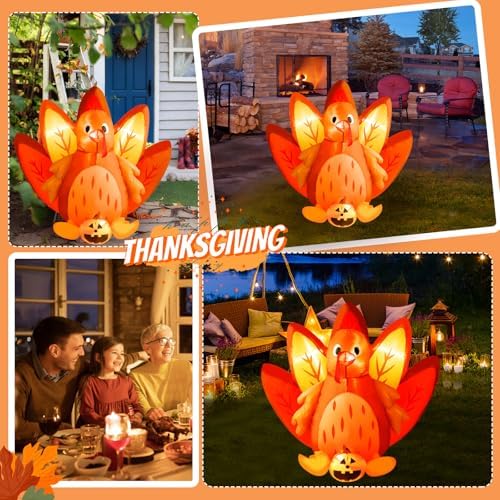 5FT Halloween & Thanksgiving Inflatable Turkey&Pumpin,with Built-in LED Lights, Outdoor/Indoor Seasonal Decoration with Pumpkin, Yard Lawn Garden Holiday Blow-Up Decor - Image 6