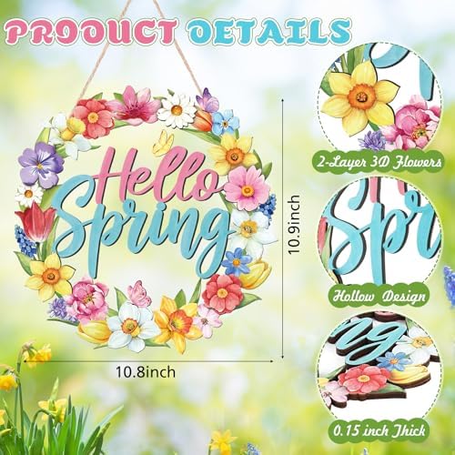 Yalikop Hello Spring Door Sign Door Wreath Wooden Spring Decor Sign Hollow Flower Welcome Hanging Signs Rustic Farmhouse Wall Plaque for Home Room Bedroom Indoor Outdoor Decorations - Image 2