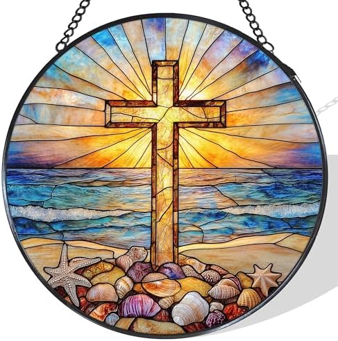 Cross Coastal Stained Glass Window Hanging Suncatcher, Christian Beach Shells Sunset Sun Catcher Indoor Window Decor Gifts, Religious Painted Glass Round Wall Hanging Decorations 7.8x7.8 in by Unknown
