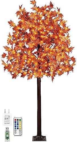 7FT 170 LED Lighted Maple Tree - Thanksgiving Decor Artificial Fall Tree with 17 Branches, 17 Acorns 340 Leaves, Remote 8 Flashing Modes, Timing, DC 5V Safe for Outdoor Wedding Party Autumn Decor by TiYiViRi