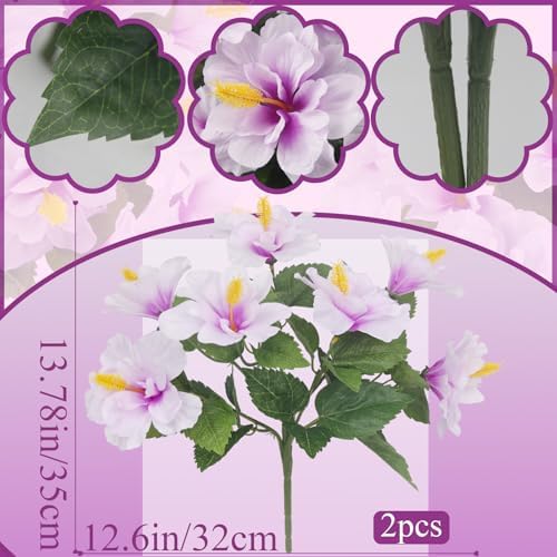 2 Pcs Artificial Outdoor Flowers Realistic Silk Fake Hibiscus Tropical Flowers Spring Summer Decoration UV Resistant Faux Plants for Outdoors Planters Outside Porch Patio Yard Garden Purple - Image 2