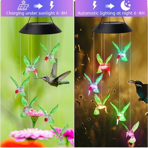 AVEKI Solar Wind Chimes Outdoor, Color-Changing Solar Mobile Wind Chime Waterproof Solar Powered LED Hanging Lamp for Outdoor Garden Festival Decoration (Hummingbird) - Image 4