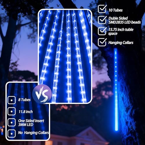 EEIEER Meteor Shower Lights, 11.8 inches 10 Tubes 240 LED Christmas Meteor Lights Snowfall Light for Outdoor Decoration, Waterproof Falling Rain Drop Light for Garden Tree Party Holiday-Blue - Image 4