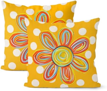 Summer Pillow Covers 20x20 Inch Set of 2 Polka Dots Watercolor Yellow Sunshine Flower Decorative Throw Pillows Boho Outdoor Sun Pillowcase Linen Farmhouse Cushion Case Decor for Home Bedroom by JEFERSO