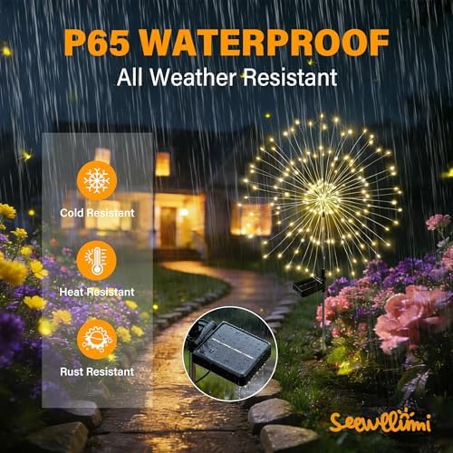 Solar Garden Lights Outdoor Decor Waterproof, 4Pack 120LED Firework Lights for Garden Decorative, Fairy Lights Solar Powered for Yard, Patio,Pathway,Flowerbed,Planter,Party(Warm White) - Image 5