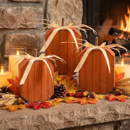 3 Pcs Fall Pumpkin Decor Wooden Signs Orange Pumpkin Block Sign - Image 4