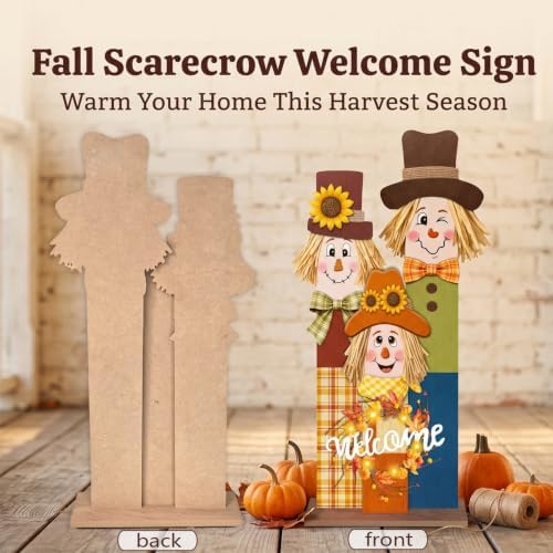 3 PCS Fall Scarecrow Welcome Sign with LED Lights,36" Wooden Thanksgiving Porch Vertical Sign,Rustic Autumn Outdoor Decor for Front Door,Patio,Garden - Image 4