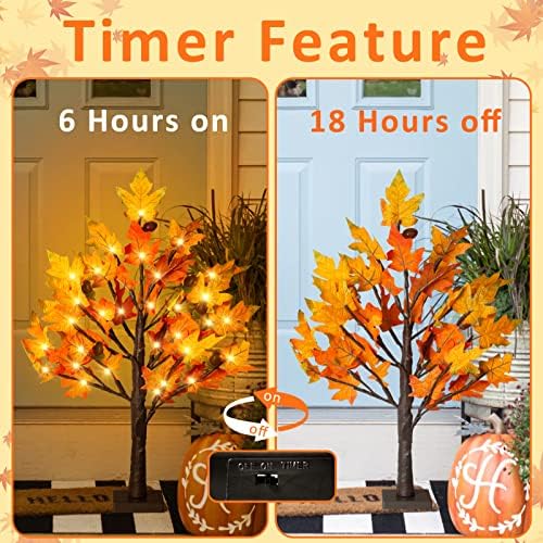 2Pack Fall Lighted Maple Tree - 2FT 36 LED Thanksgiving Decor Artificial Fall Lights, Battery Operated Tabletop Lamp with 6 Acorns, 6-Hours Timer, for Wedding Party Indoor Outdoor Autumn Decor… - Image 4