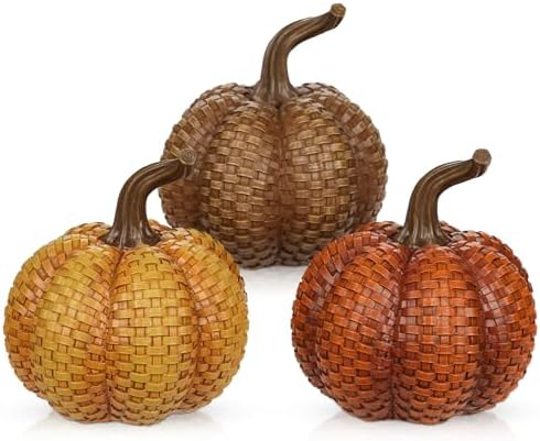 Hollyone Fall Pumpkins Decor, 3PCS Rattan Resin Pumpkins for Decorating Figurines Decorative Pumpkin for Home Autumn Harvest Thanksgiving Halloween Party Wedding Table Centerpiece Indoor Decor by Hollyone