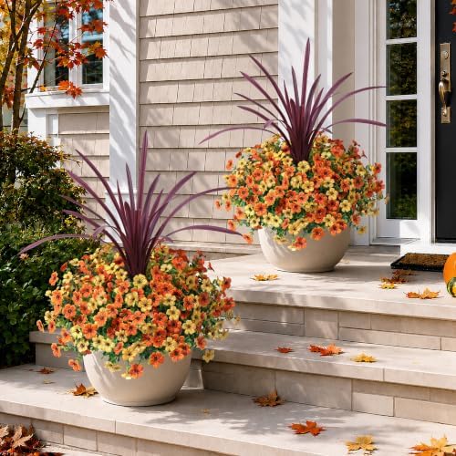 HyeFlora Artificial Fall Flowers Faux Mums for Outdoor Indoor Garden Home Decoration, Faux Flower Daisy with Orchid Leaf Fake Mums Plants Greenery Boxwood Porch Patio, 12 Bundles (OrangeYellow) - Image 3
