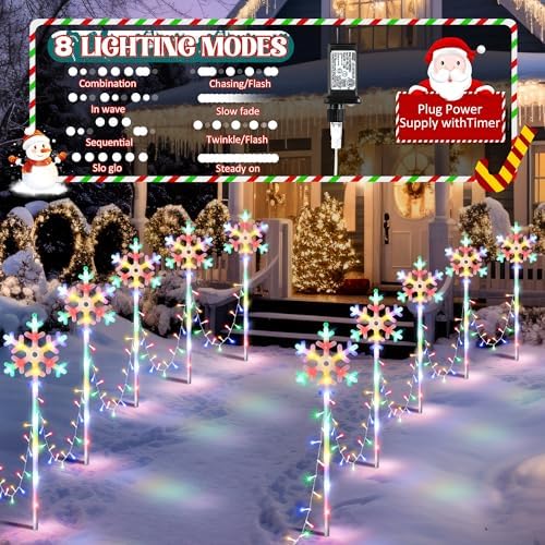 10 Pcs Christmas Snowflake Pathway Stake Lights for Outdoor Yard, 370 Bright LEDs Waterproof Large Christmas Snowflake Light Decoration for Garden Lawn Driveway Walkway Decor(Colorful) - Image 3
