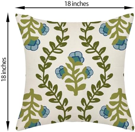 Sage Green Boho Pillow Covers 18x18 Inch 2 Pcs Blue Green Floral Leaves Decor Throw Pillows Vintage Flower Seasonal Spring Summer Outdoor Farmhouse Pillowcase Linen Cushion Cover for Couch Sofa - Image 6