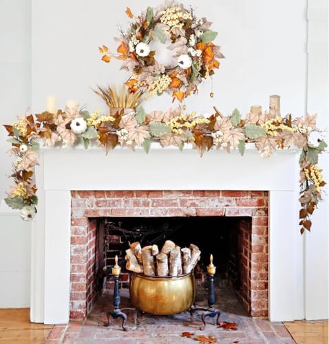 DearHouse Fall Garland Maple Leaf, 5.9Ft Hanging Vine Garland White with Pumpkins and Berries Thanksgiving Decor for Home Wedding Fireplace Party Christmas (White&Brown) - Image 2