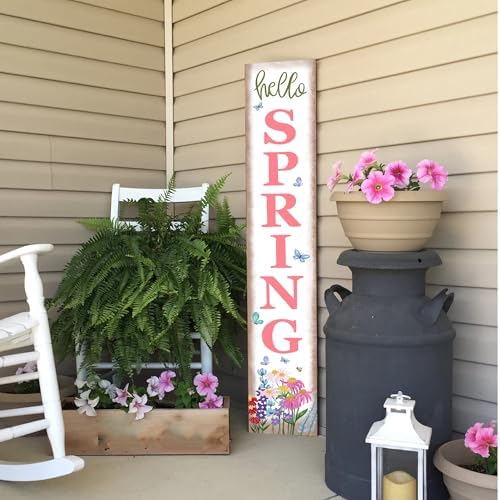 Hello Spring Porch Sign Watercolor Flowers Front Door Hanging Decorations Indoor Outdoor Wooden Vertical Standing Welcome Sign For Home Yard Farmhouse Holiday Decor 47 x 7.8 inch - Image 6