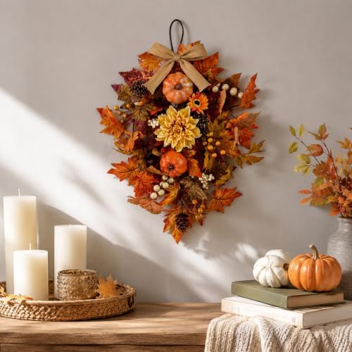 2 PCS 24'' Fall Teardrop Swags for Door Autumn Floral Pumpkins Swag Wreaths - Image 2