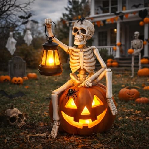 Halloween Outdoor Decorations Solar Lighted Skeleton Pumpkin Statue with Lantern 9.3 Inch Resin Jack O Lantern Yard Decor Halloween Skeleton Decoration for Porch Patio Garden Lawn by Unknown