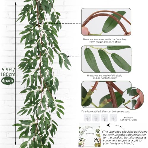 RECUTMS 4Pcs Artificial Silk Willow Leaves Vine Twigs 5.9Ft Green Garland - Image 3