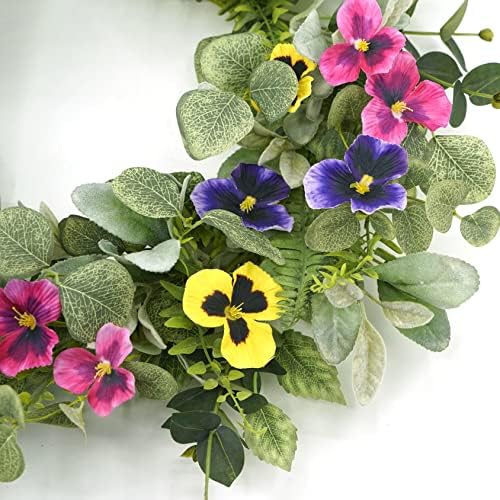 Artificial Spring Summer Wreath with Pansy Flowers,Flocked Lamb Ear Leaves,Eucalyptus Leaves,Fern Branches for Front Door Indoor Outdoor Farmhouse Wall Holiday Decor, White Gift Box Included - Image 5