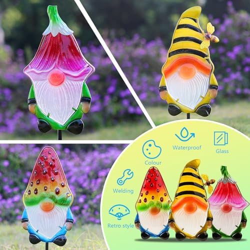 Gnome Garden Stake Set of 3 Metal Glass 18.3" Funny Outdoor Yard Lawn Decor - Image 5