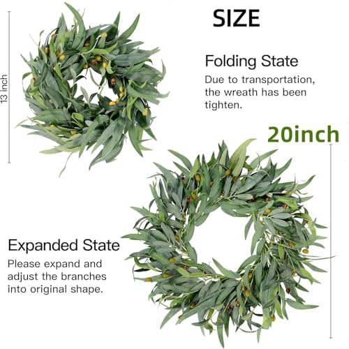 Sggvecsy Artificial Olive Wreath for Front Door 20 inch Greenery Wreath with Olive Leaves Olive Bean Green Leaves Wreath Spring Summer Wreath for All Seasons Wall Window Home Indoor Outdoor Decor - Image 6
