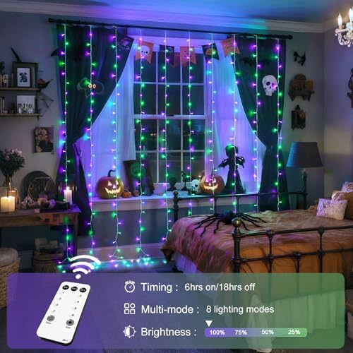 JMEXSUSS 300LED Purple & Green Curtain Lights for Halloween Decor, Plug in - Image 2