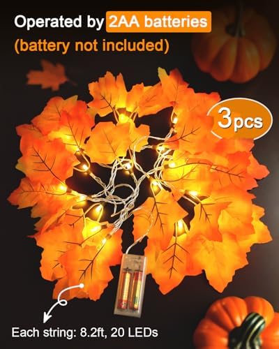 Luditek Fall Decor 3-Pack Fall Garland with Lights, Total 24.6ft 60LED - Image 3