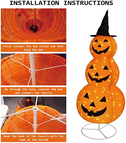 FUNPENY Halloween Collapsible Pumpkin Decorations, Pre-Lit Light Up Pumpkin with Hat, Pop Up Jack-o-Lantern with Metal Stand for Indoor Outdoor Yard Holiday Decor (5FT Pumpkin) - Image 3