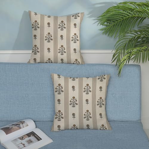 Brown Grey Pillow Covers 18x18 Inch Set of 2 Vintage Block Print Floral Throw Pillows Striped Flower Boho Decorative Pillow Cases Linen Outdoor Accent Linen Cushion Cover for Couch Sofa Bed - Image 4