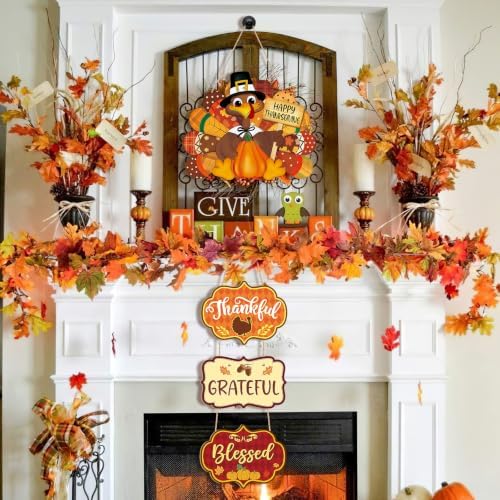 Thanksgiving Decoration Wood Pumpkin Turkey Door Wall Wreath for Front Door Sign Thankful Blessed Grateful, Pumpkin Sign for Fall Autumn Harvest Home Thanksgiving Party Outdoor Halloween Decoration - Image 5