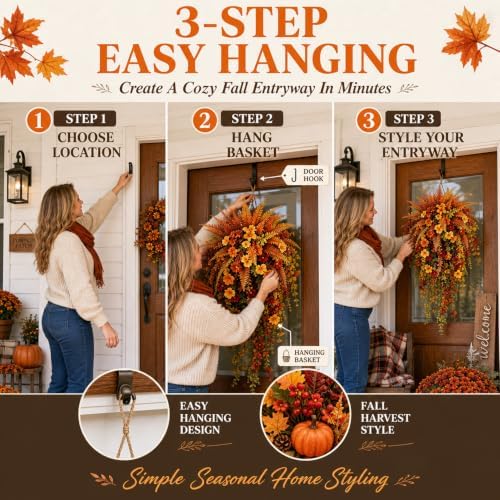 Artificial Fall Harvest Hanging Basket - Autumn Porch & Door Decoration, UV-Resistant Waterproof Faux Fall Flowers, for Doors, Porches, Mantels, Garden & Weddings (1PCS) - Image 6