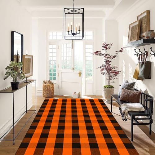 Fall Outdoor Rug Orange Buffalo Plaid Outdoor Rug Cotton Hand-Woven Buffalo Check Rug Layered Doormats for Front Door/Front Porch/Farmhouse/Entryway/Patio - Image 5