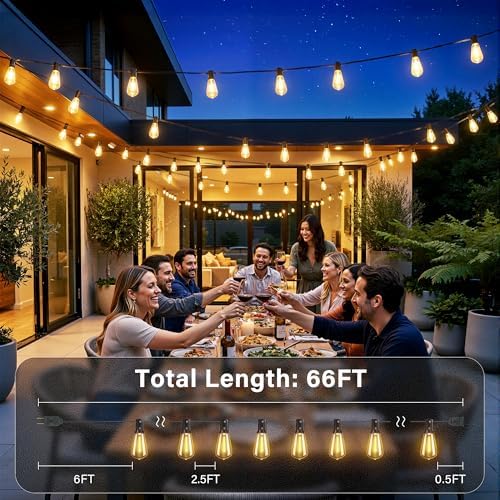 Ollny Outdoor String Lights 66FT, Shatterproof Connectable Patio Lights with 25 ST38 Edison LED Bulbs, 2200K Warm White Waterproof Outside Hanging Lights for Backyard, Gazebo, Porch, Balcony, Bistro - Image 6