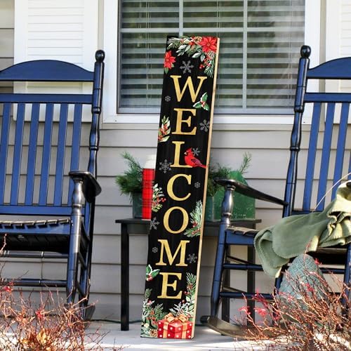 Christmas Welcome Sign for Front Porch Standing, Holly Xmas Themed Wooden Porch Sign for Front Door Decorations, Rustic Farmhouse Hanging Wall Sign for Christmas Winter Decor 47.2" H - Image 5