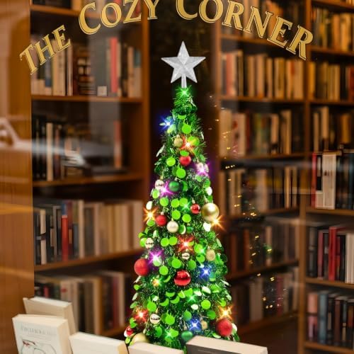 N&T NIETING Pop Up Christmas Tree with Lights, Collapsible Tinsel Xmas Tree Decorations, Pencil Christmas Tree Skinny Tree for Holiday Xmas Home Office Decor, 25 Balls, 3Ft, Green - Image 6