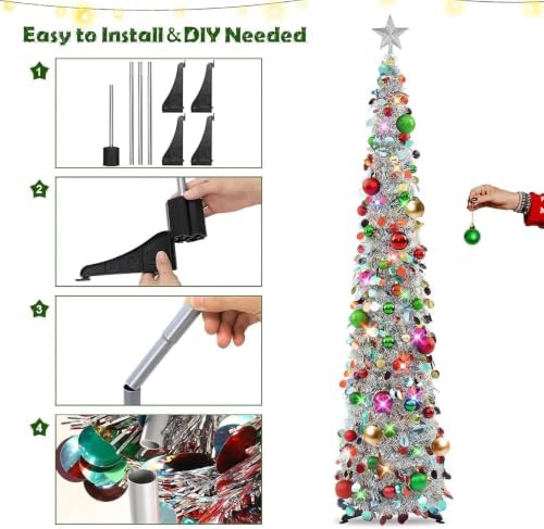 N&T NIETING Pop Up Christmas Tree with Lights, Collapsible Tinsel Xmas Tree Decorations, Pencil Christmas Tree Skinny Tree for Holiday Xmas Home Office Decor, 40 Balls, 6Ft, Silver - Image 4