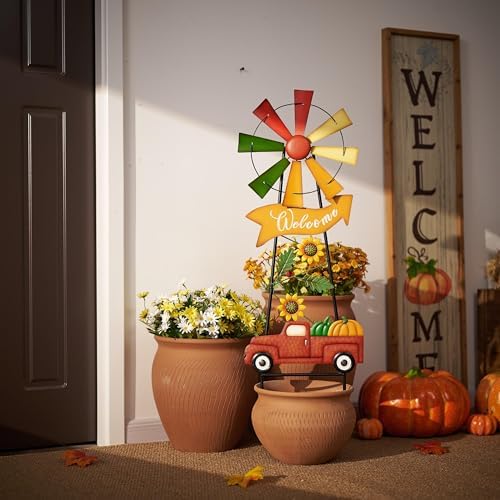 TERESA'S COLLECTIONS Fall Outdoor Decor, Wind Spinners Yard Stakes, Metal Pumpkin Fall Garden Decorations, Thanksgiving Welcome Sign, Rustic Autumn Sunflower Decor for Lawn Patio, 26" - Image 5
