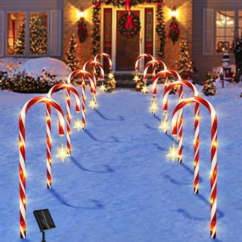 10 Pack Solar Candy Cane Lights with Stars, 21 Inch Christmas Yard Decor by Bstge