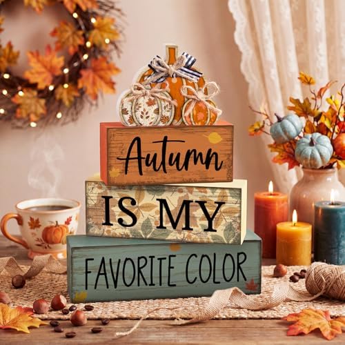 Lineshading 4 Pcs Fall Table Decor Wooden Pumpkins, Autumn Block Signs - Image 3